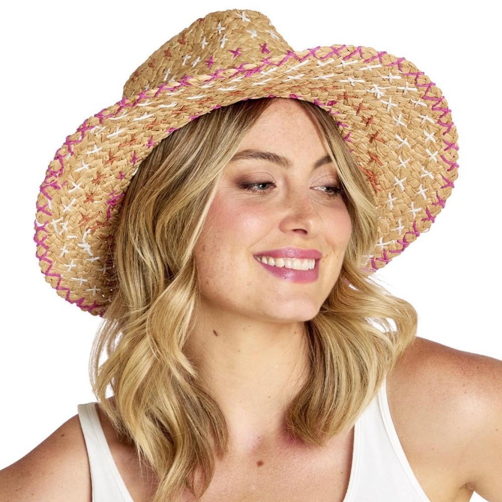 X Marks the Spot Raffia Straight Brim Hat with Cross Stitch-blue, orange, white